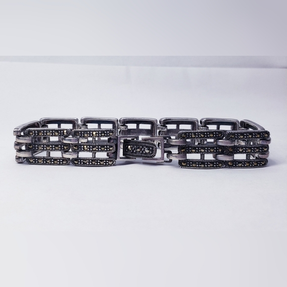 Art Deco Style Textured Marcasite Sterling Silver Bracelet 7.5"Long - Picture 4 of 5